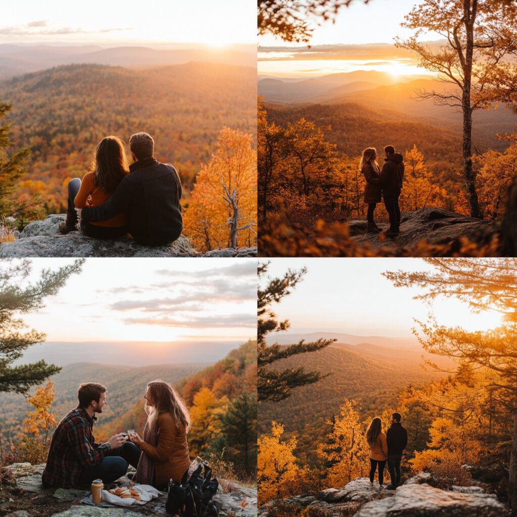 A romantic mountain top proposal with breathtaking fall foliage in the background, creating an unforgettable and adventurous engagement moment at sunrise.