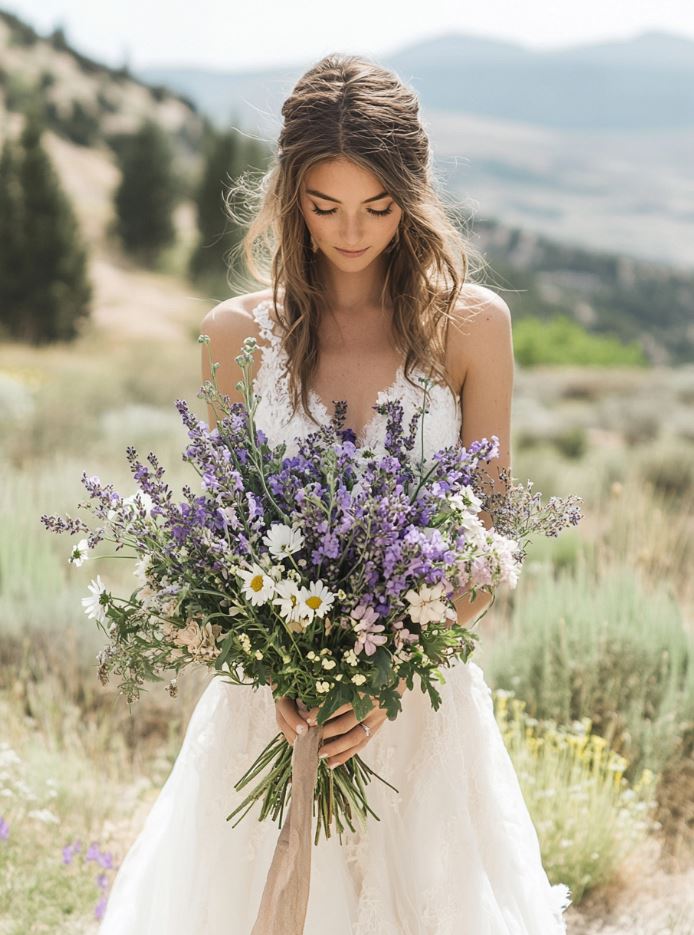 A bride holding a rustic wildflower bouquet, featuring lavender, daisies, and lupines, beautifully complementing the natural beauty of the mountain landscape.