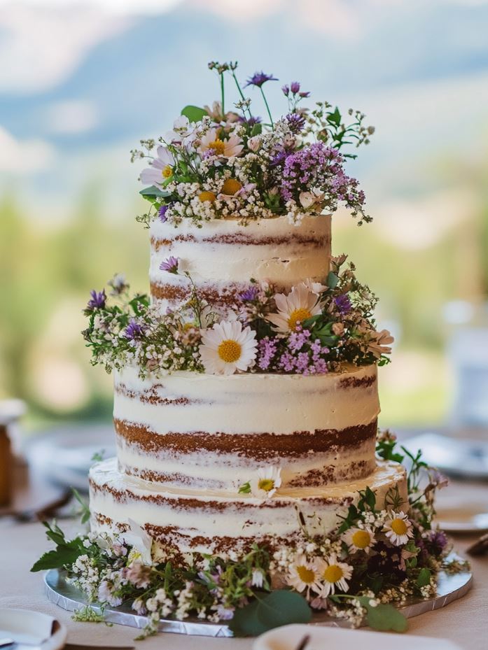 A rustic naked wedding cake decorated with wildflowers and greenery, complementing the natural beauty of the surrounding mountain venue.
