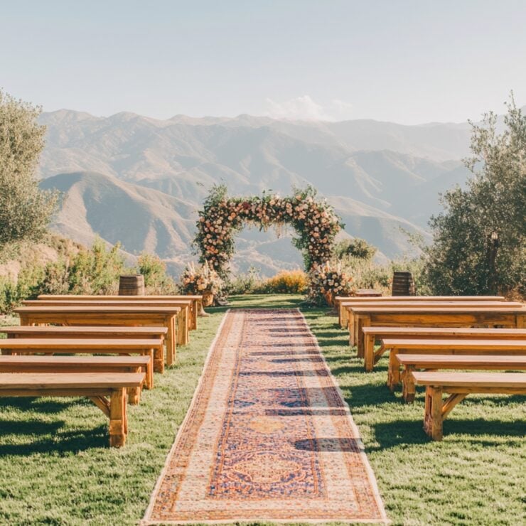 A breathtaking mountain view wedding ceremony where nature’s beauty takes center stage, enhanced by rustic benches, boho-chic decor, and stunning floral designs for an unforgettable celebration.