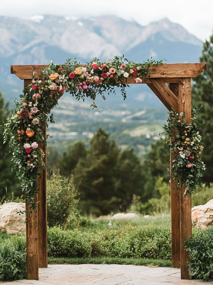 A rustic wooden wedding arch decorated with seasonal flowers and greenery, framed by majestic mountain views for a breathtaking wedding ceremony.