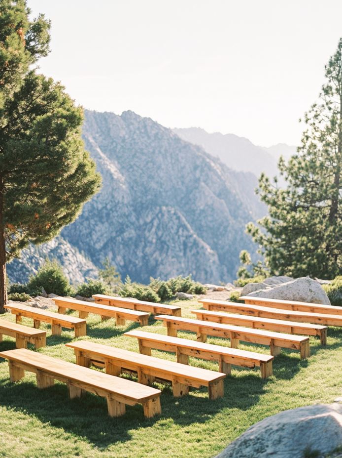 Simple wooden benches arranged for a mountain view wedding ceremony, offering guests a clear view of both the couple and the stunning natural backdrop.
