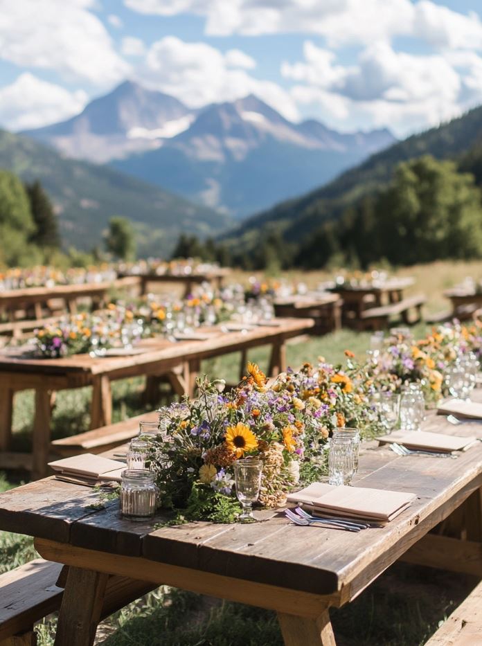Rustic wedding decor featuring wooden tables, wildflower centerpieces, and nature-inspired touches, seamlessly blending with the stunning mountain backdrop.