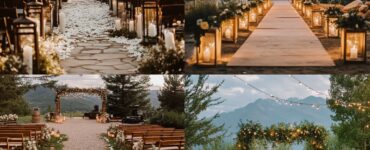 A beautifully decorated mountain view wedding featuring rustic and natural elements like lantern-lit aisles and hanging floral installations, creating a magical outdoor atmosphere.