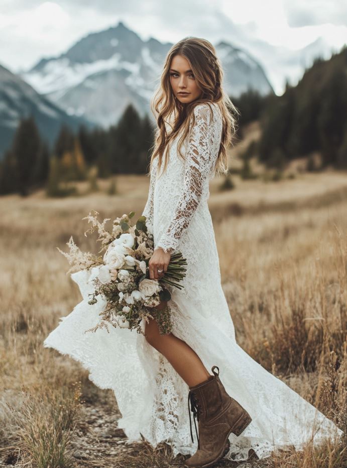 A bride in a flowy lace gown and ankle boots, perfectly suited for an outdoor mountain wedding, embracing a free-spirited and natural look.