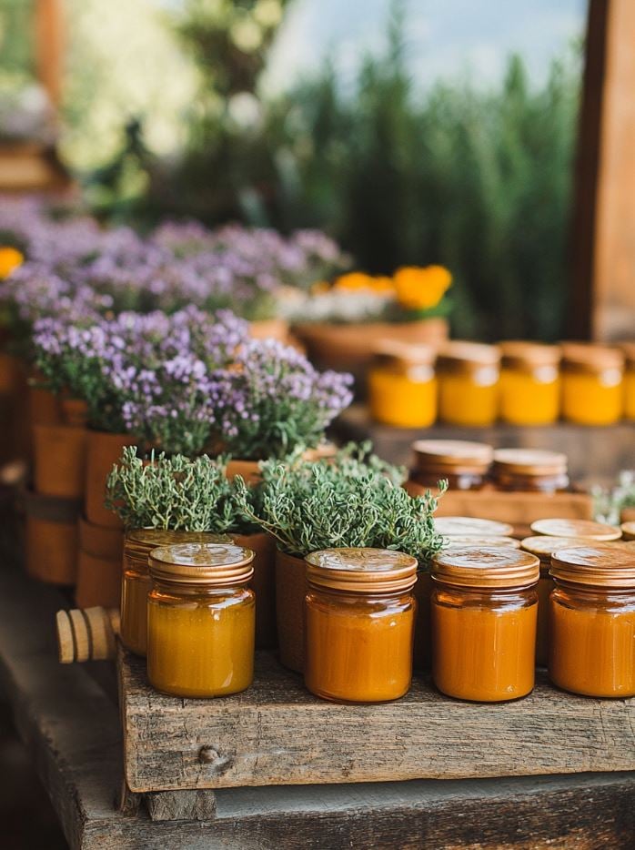 Rustic wedding favors inspired by the mountains, including honey jars, handcrafted soaps with mountain herbs, and potted wildflowers or succulents.