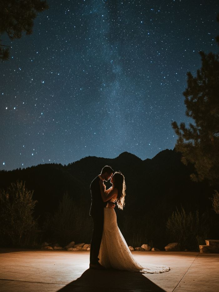 A couple sharing their first dance outdoors under a starlit sky with towering mountain peaks in the background, creating a magical and romantic moment.