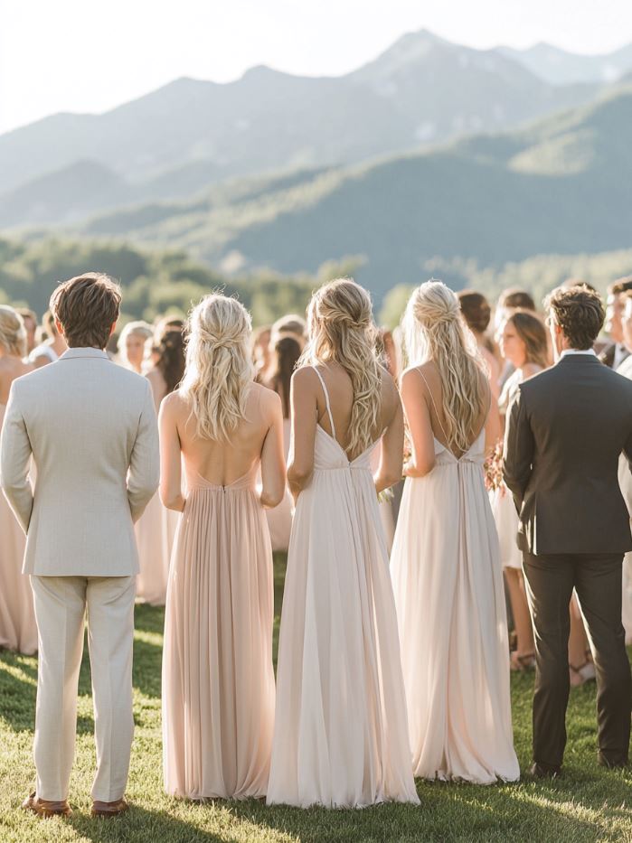 Guests dressed in stylish yet practical attire for a mountain view wedding, including flowy dresses and light-colored suits, ideal for an outdoor celebration.