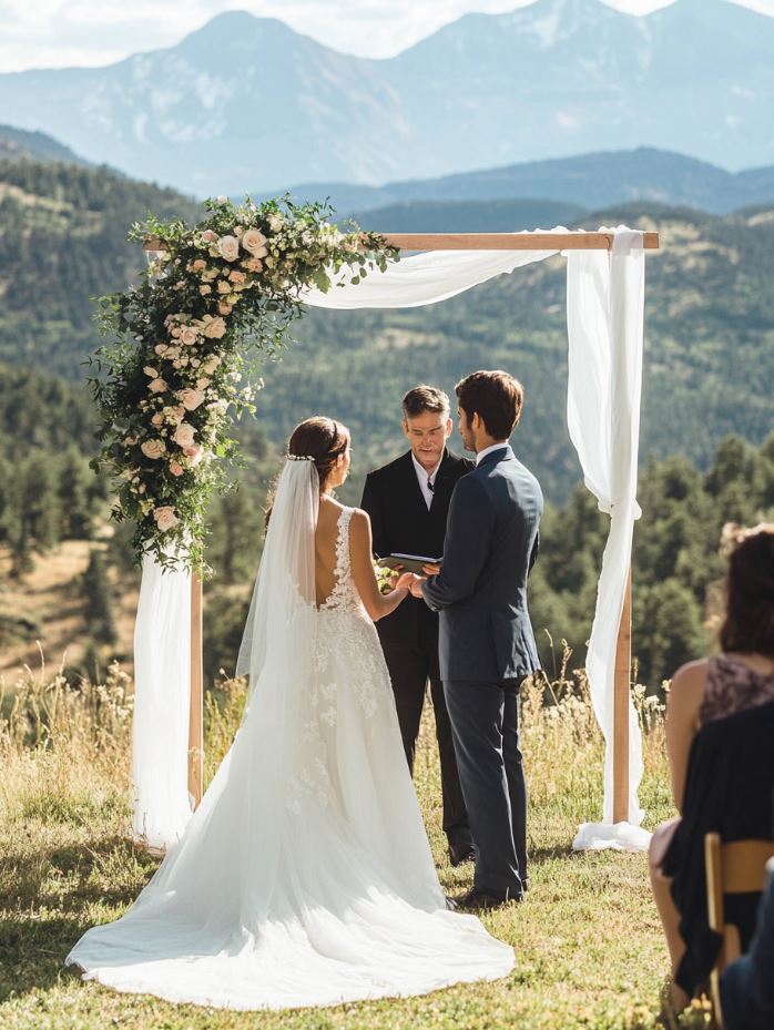 A couple exchanging vows with a breathtaking mountain view as the backdrop, celebrating their love in a stunning natural setting.
