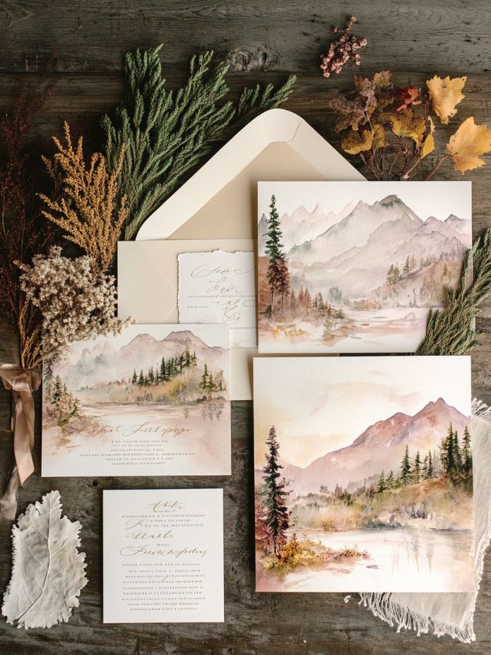 Wedding invitations featuring watercolor mountain landscapes and earthy tones, setting the tone for a serene mountain view wedding celebration.