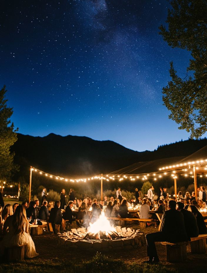 Guests gathered around fire pits during a mountain view wedding reception, enjoying drinks and warmth under the starry sky, with cozy blankets and lighting.