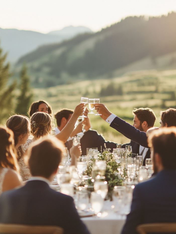 A couple and their wedding party raising glasses in a toast, with a breathtaking mountain landscape as the backdrop during a scenic wedding reception.
