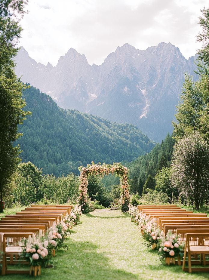 A wedding venue set in the mountains, showcasing panoramic views of towering peaks and lush valleys, perfect for an outdoor wedding ceremony.
