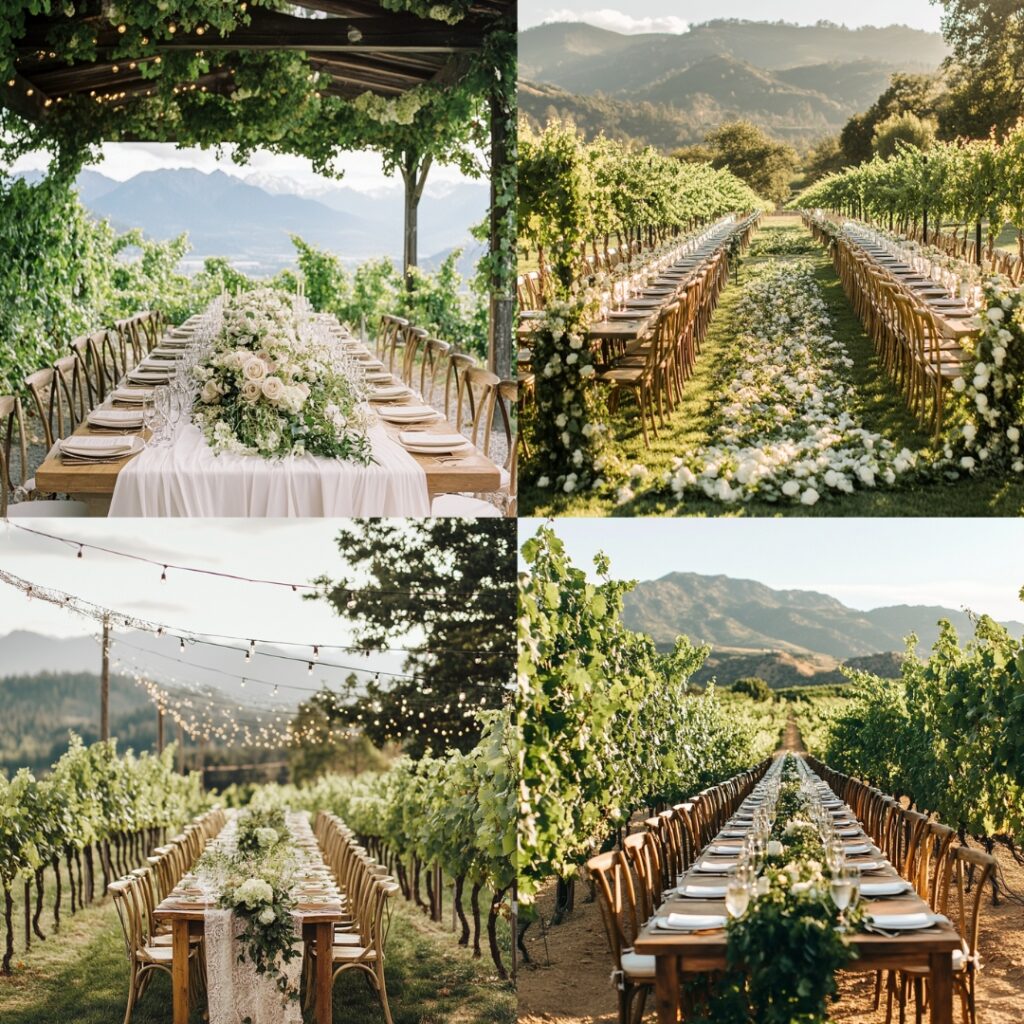 A mountain vineyard wedding blends lush greenery, vineyard rows, and majestic alpine views for a magical and romantic celebration.