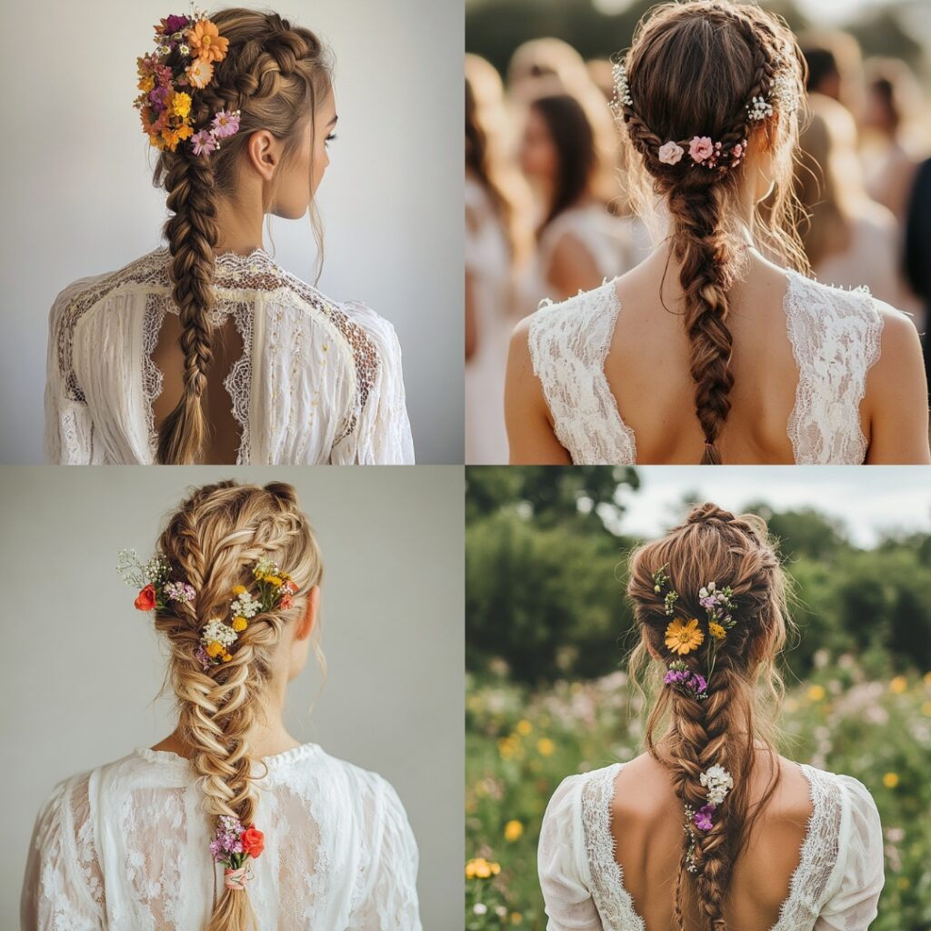A playful multi-braid ponytail with various braid styles gathered loosely, accessorized with floral ties, perfect for a fun and laid-back boho wedding.