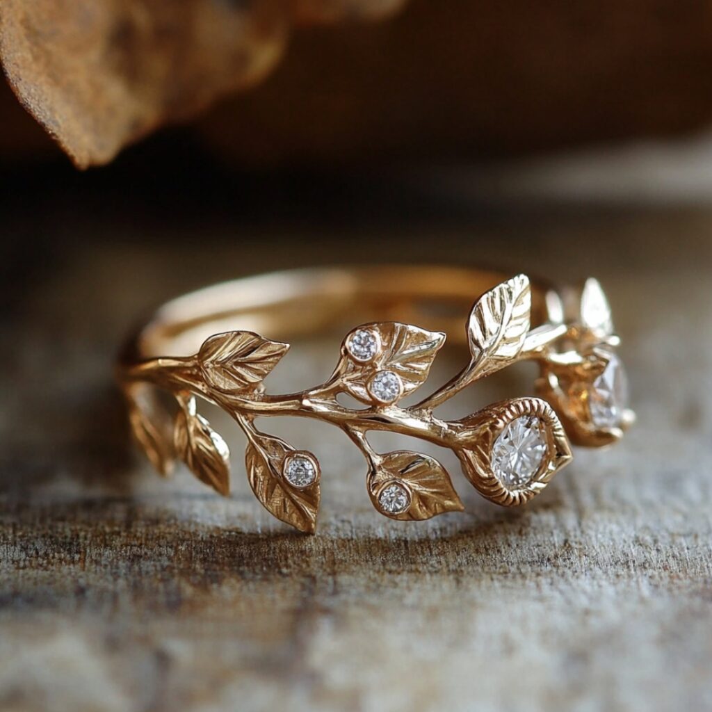 A nature-inspired whimsical engagement ring featuring delicate leaves, vines, and tiny diamonds for a dreamy woodland aesthetic.
