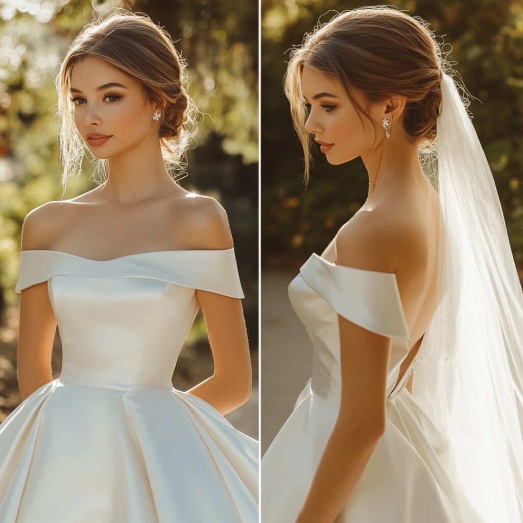 Stylish off-the-shoulder A-line satin dress showcasing the bride's collarbones, designed for modern elegance at outdoor or garden ceremonies.
