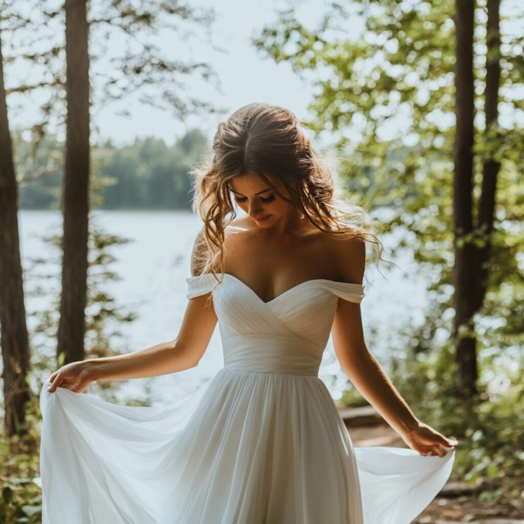 An off-the-shoulder wedding dress with flowing fabric, highlighting the bride’s neckline and harmonizing with the gentle breeze of a lakefront setting.