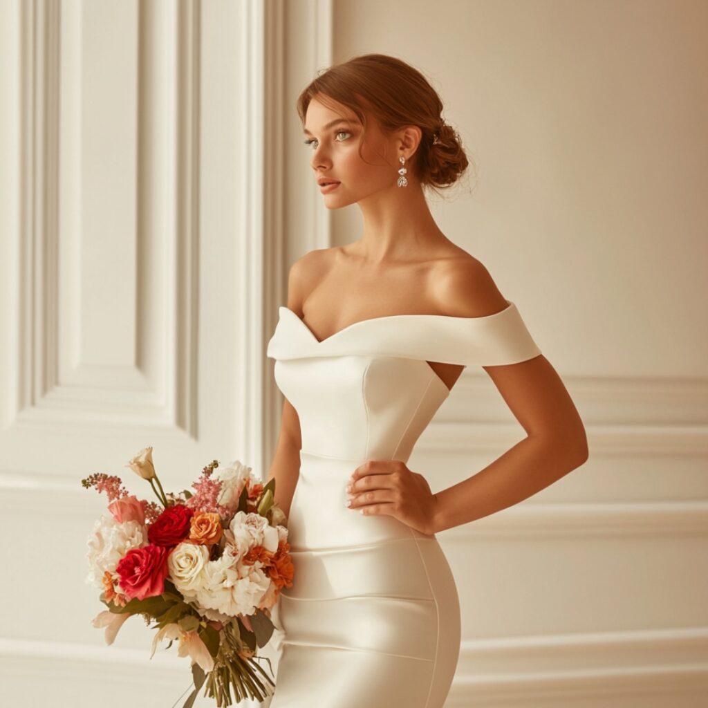 Romantic off-the-shoulder mermaid dress highlighting the waist and collarbone, with a fitted bodice and dramatic flared skirt, ideal for garden or beach weddings.