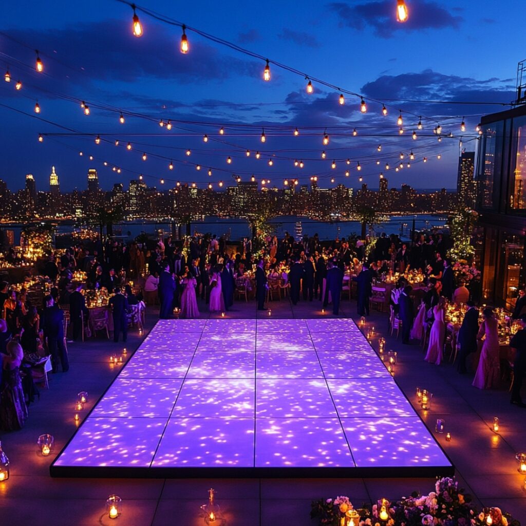Vibrant open-air dance floor at a rooftop wedding, centrally positioned to showcase panoramic city views, illuminated with uplighting and string lights for an energetic nighttime celebration.