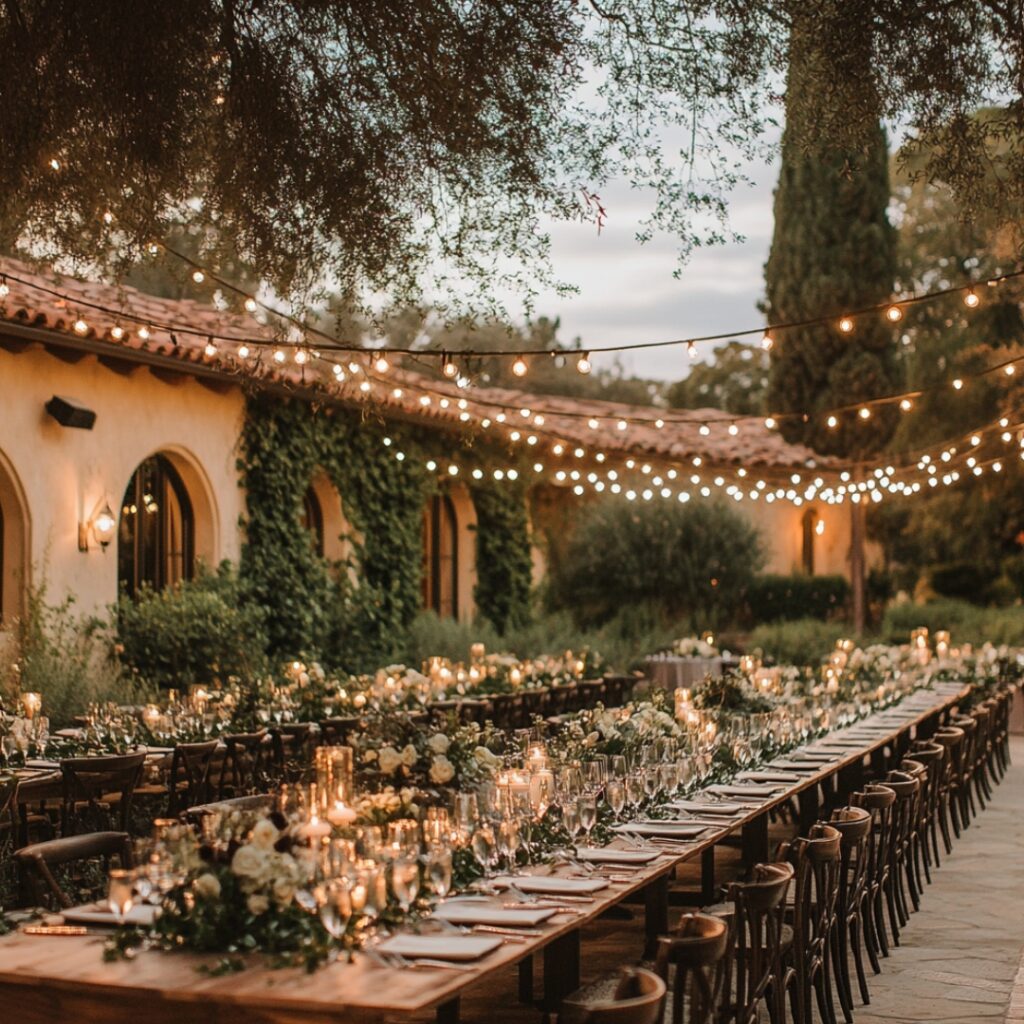 Outdoor banquet seating with long rectangular tables, string lights, and natural greenery, creating a rustic and elegant open-air wedding reception.