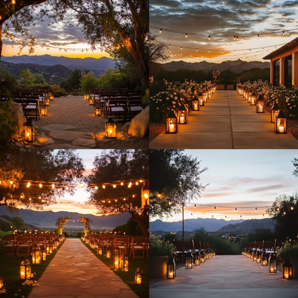 String lights and lanterns create a warm, intimate glow as the sun sets behind the mountains, adding magical charm to your outdoor wedding ceremony.