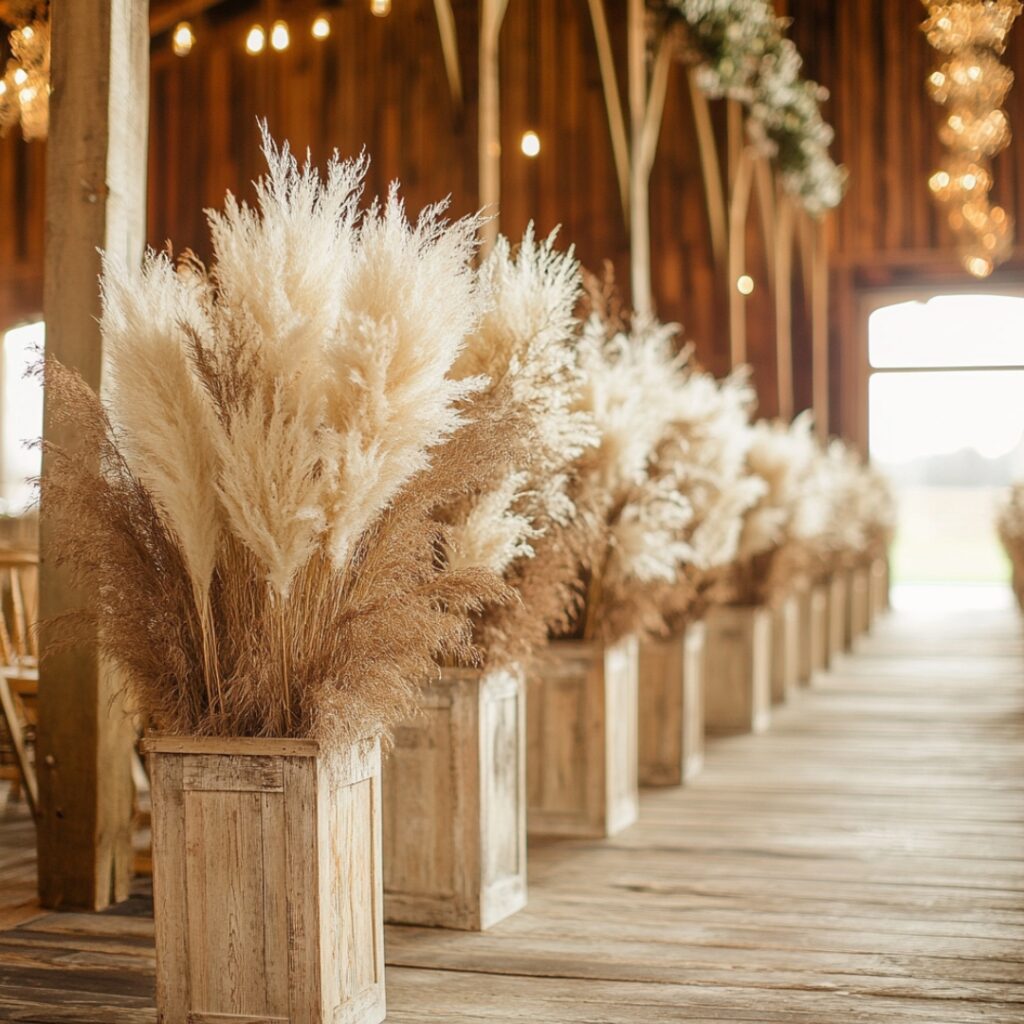 Tall pampas grass in wooden buckets adds a soft, ethereal, and rustic element to the barn wedding aisle decor.