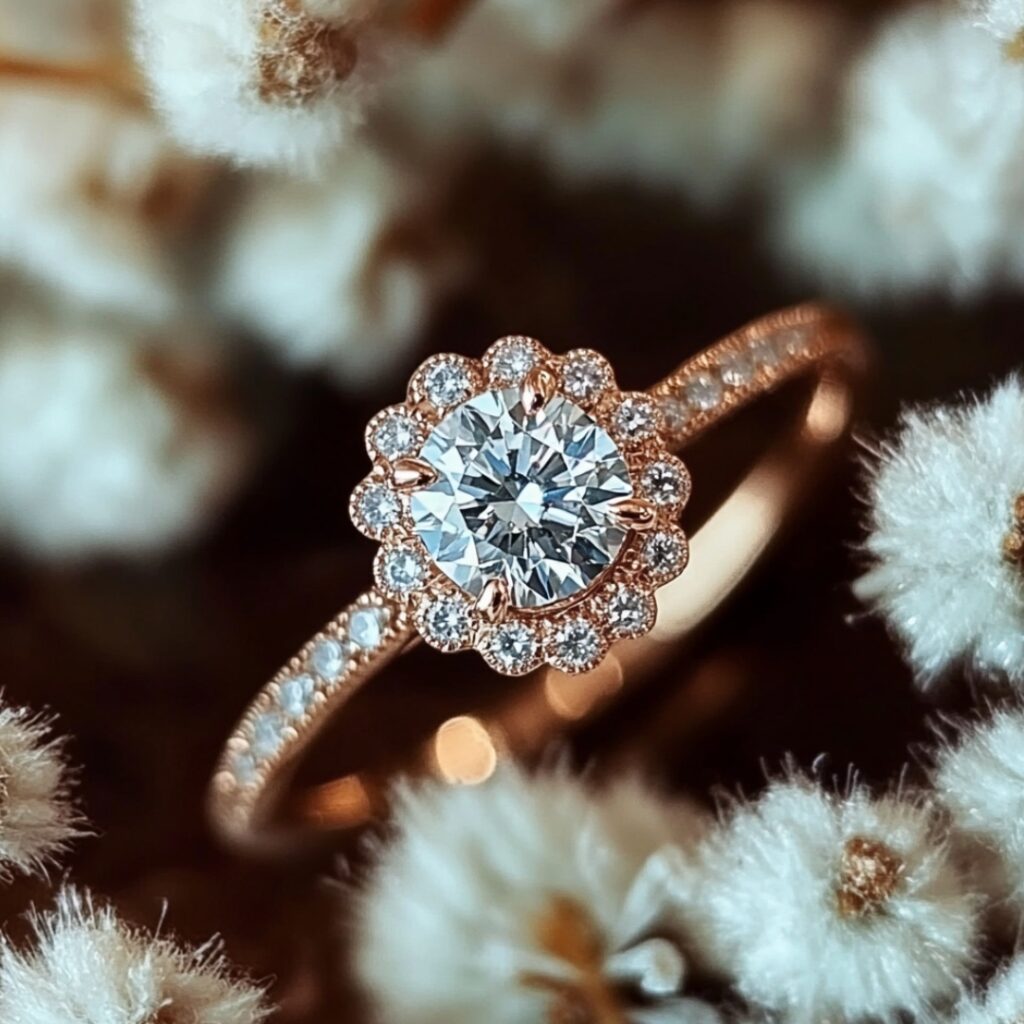 Pixie dust halo engagement ring with a central diamond encircled by tiny shimmering diamonds, creating a whimsical, stardust-like effect for an ethereal look.