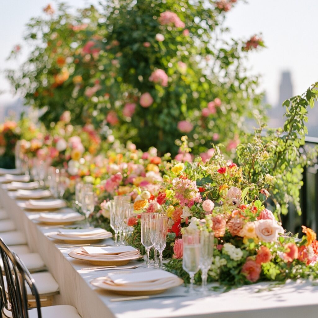 Lush potted greenery and vibrant floral arrangements transform a rooftop wedding into a whimsical garden-in-the-sky, softening the urban setting.