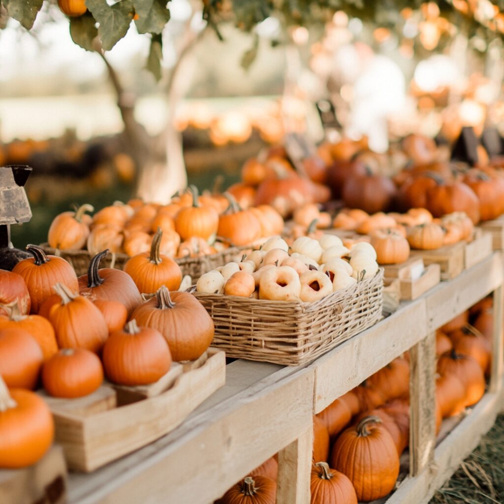 A fun fall engagement party at a pumpkin patch, featuring hayrides, pumpkin picking, and seasonal treats like caramel apples and spiced donuts.