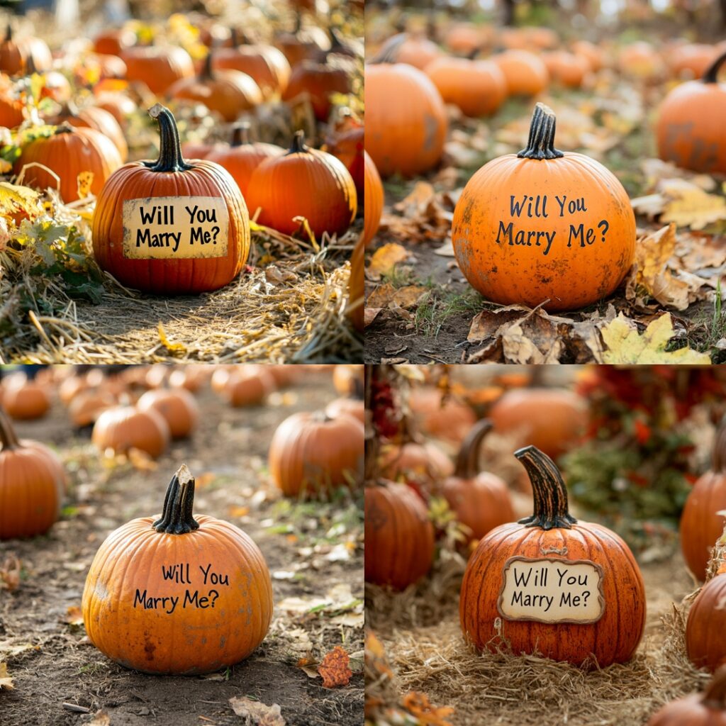 A playful pumpkin patch proposal featuring a personalized pumpkin with a "Will You Marry Me?" message, surrounded by autumn's festive charm.