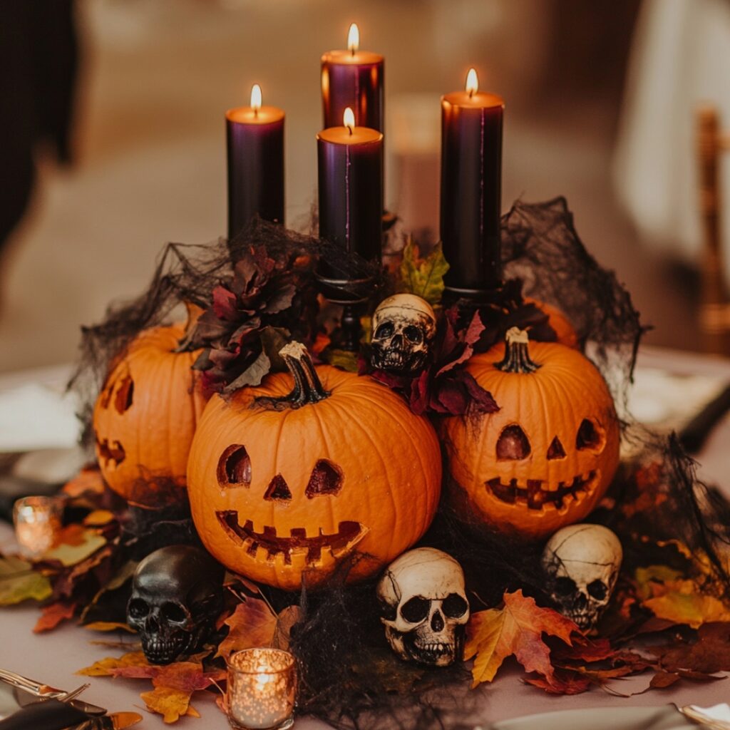 A Halloween wedding centerpiece featuring carved pumpkins as candle holders with flickering black and dark purple candles, surrounded by autumn leaves, miniature skulls, and faux spider webs for a spooky yet elegant touch.