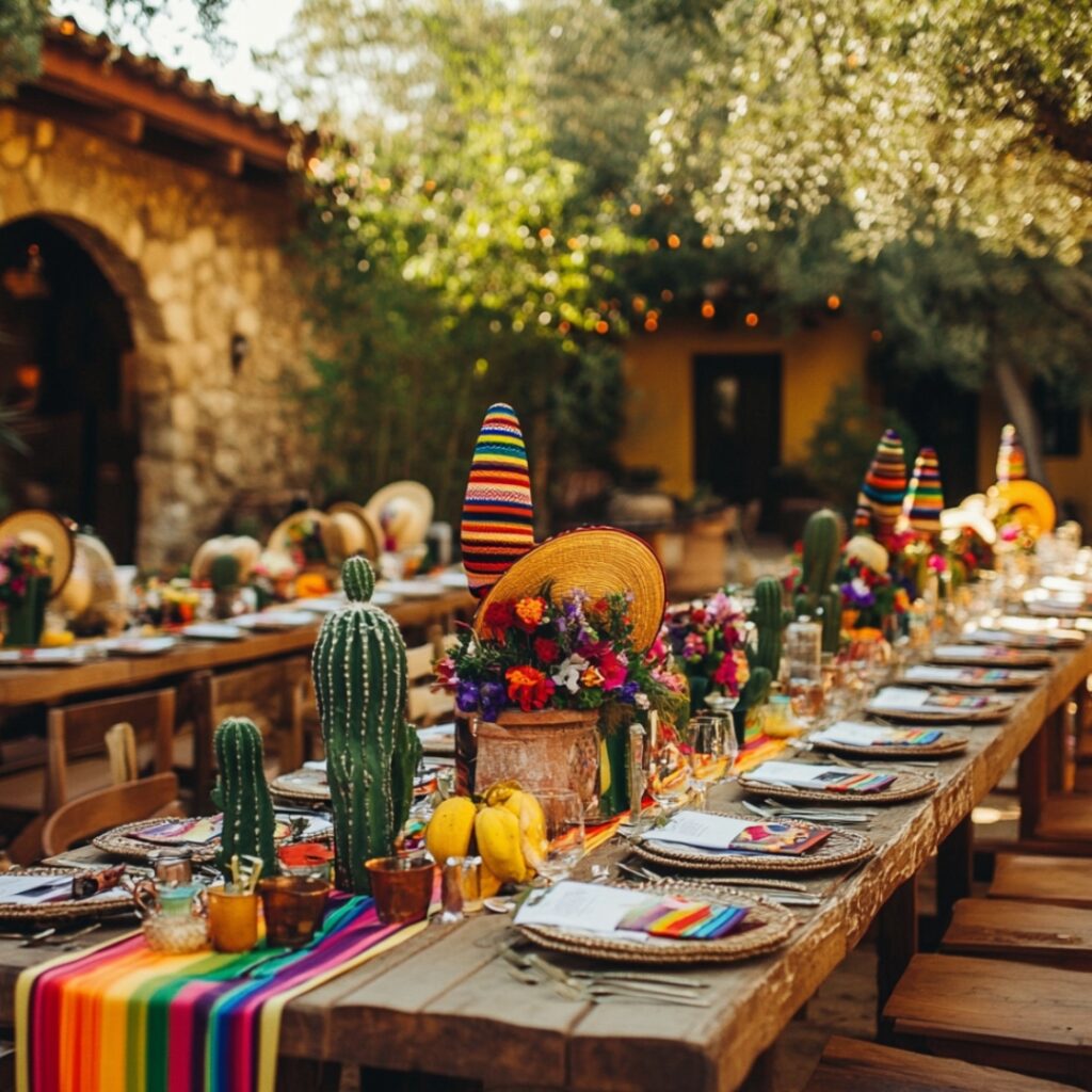 A Mexican-inspired wedding reception with long banquet tables, cacti centerpieces, colorful table runners, and a photo booth featuring sombreros and maracas.