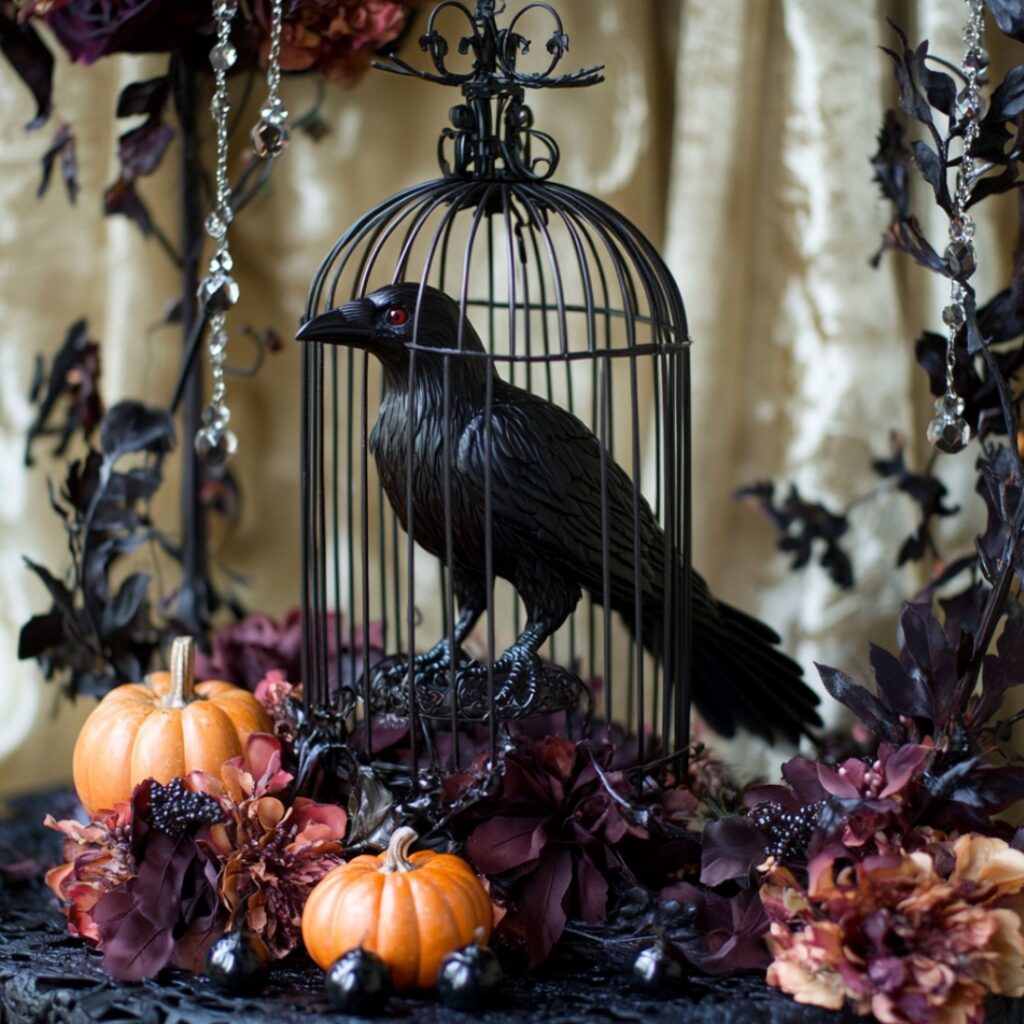 A gothic Raven's Perch centerpiece for a Halloween wedding, featuring a black birdcage with a lifelike raven figurine, dark feathers, small pumpkins, deep-colored flowers, and hanging crystals or dark beads for a mysterious, haunting vibe.