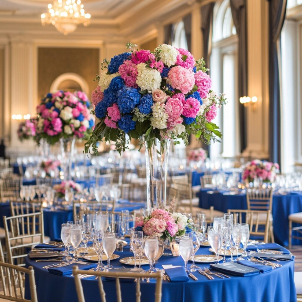 Transform your reception with blue and pink decor elements, from elegant table settings to charming centerpieces, creating a joyful ambiance.