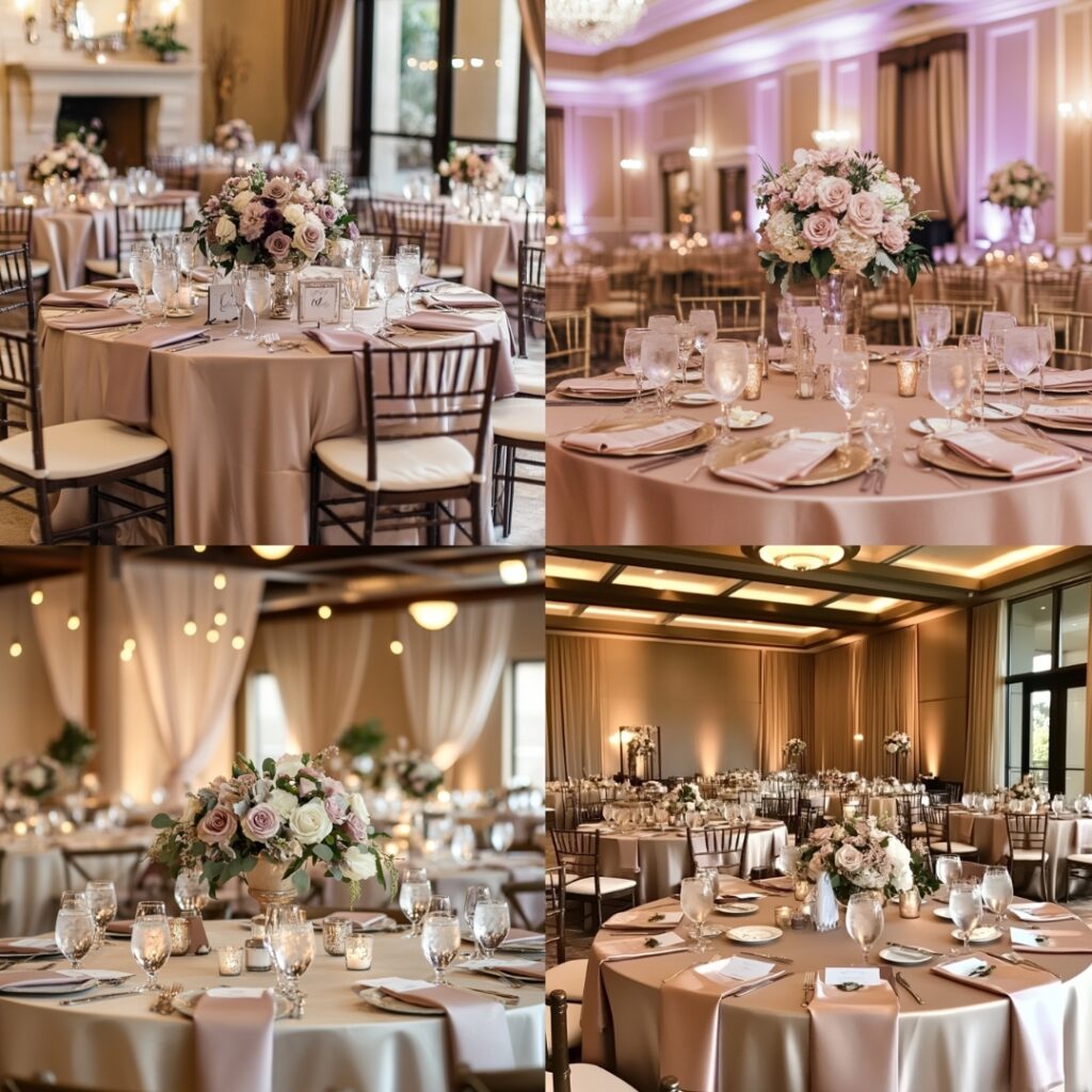 An elegant reception setup featuring champagne-colored table linens paired with mauve accents, creating a warm and inviting atmosphere with soft lighting and decorative elements.