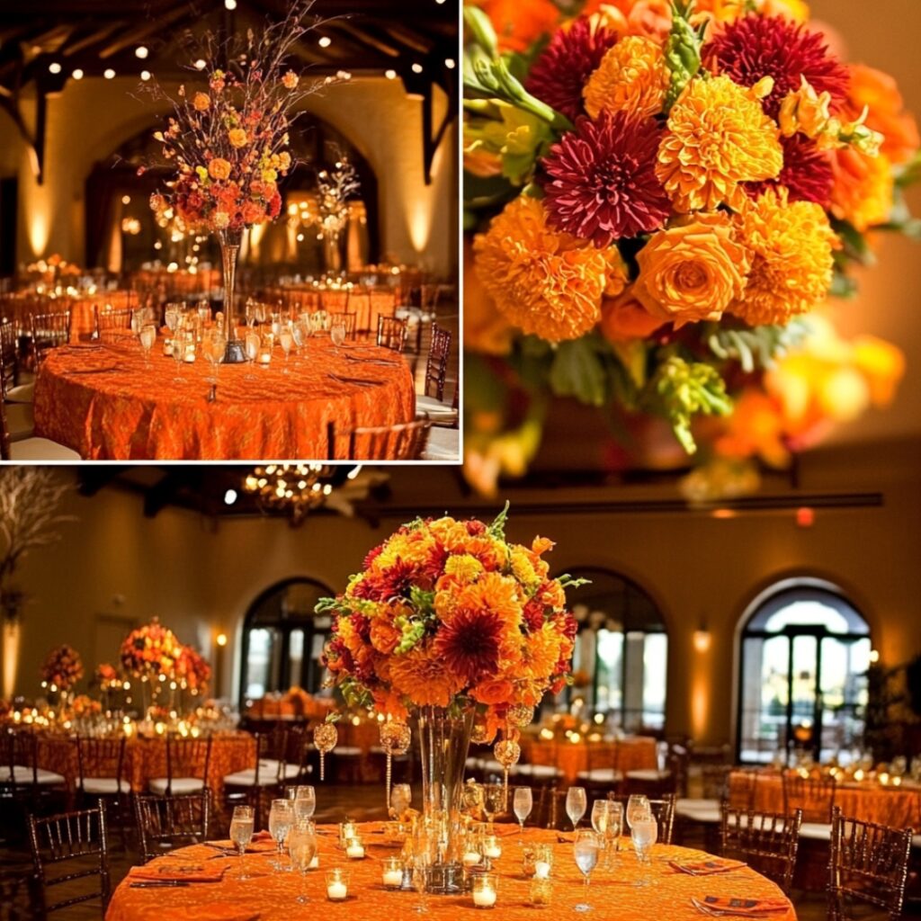 Cheerful reception decor with marigold and orange table linens, vibrant centerpieces, and warm lighting to enhance the festive atmosphere of the celebration.