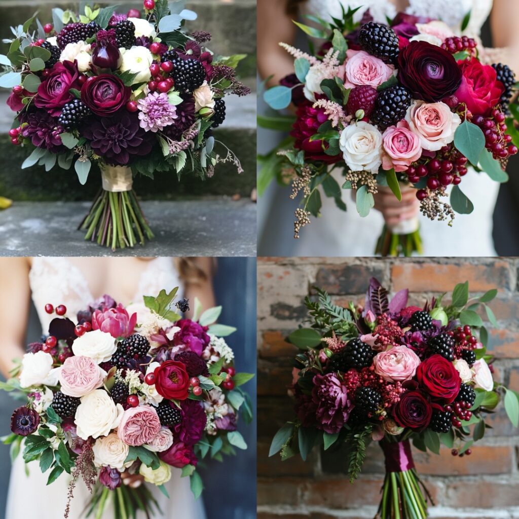 A vibrant bouquet featuring deep shades of raspberry, blackberry, and currant, complemented by lush greenery and soft white blooms.