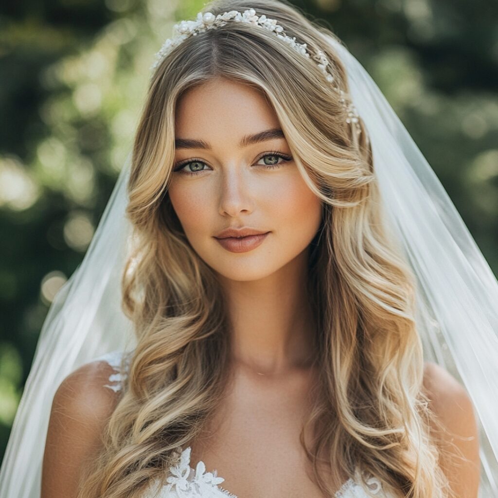 Soft, loose waves styled with a fingertip veil for an ethereal, romantic vibe, perfect for outdoor or garden weddings.