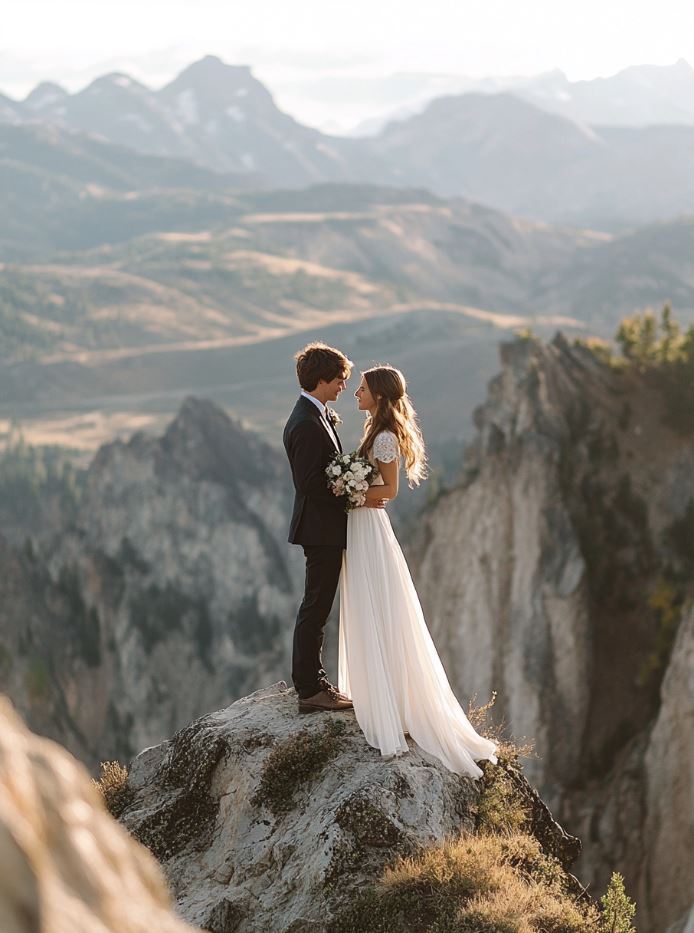 A couple exchanging vows in a romantic mountain elopement, standing on a cliffside with panoramic views of the majestic mountain ranges.