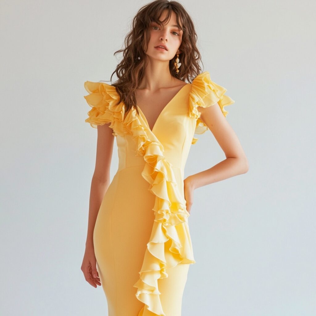 A playful midi dress with cascading ruffles, offering a whimsical and comfortable option for a fairytale wedding guest outfit.