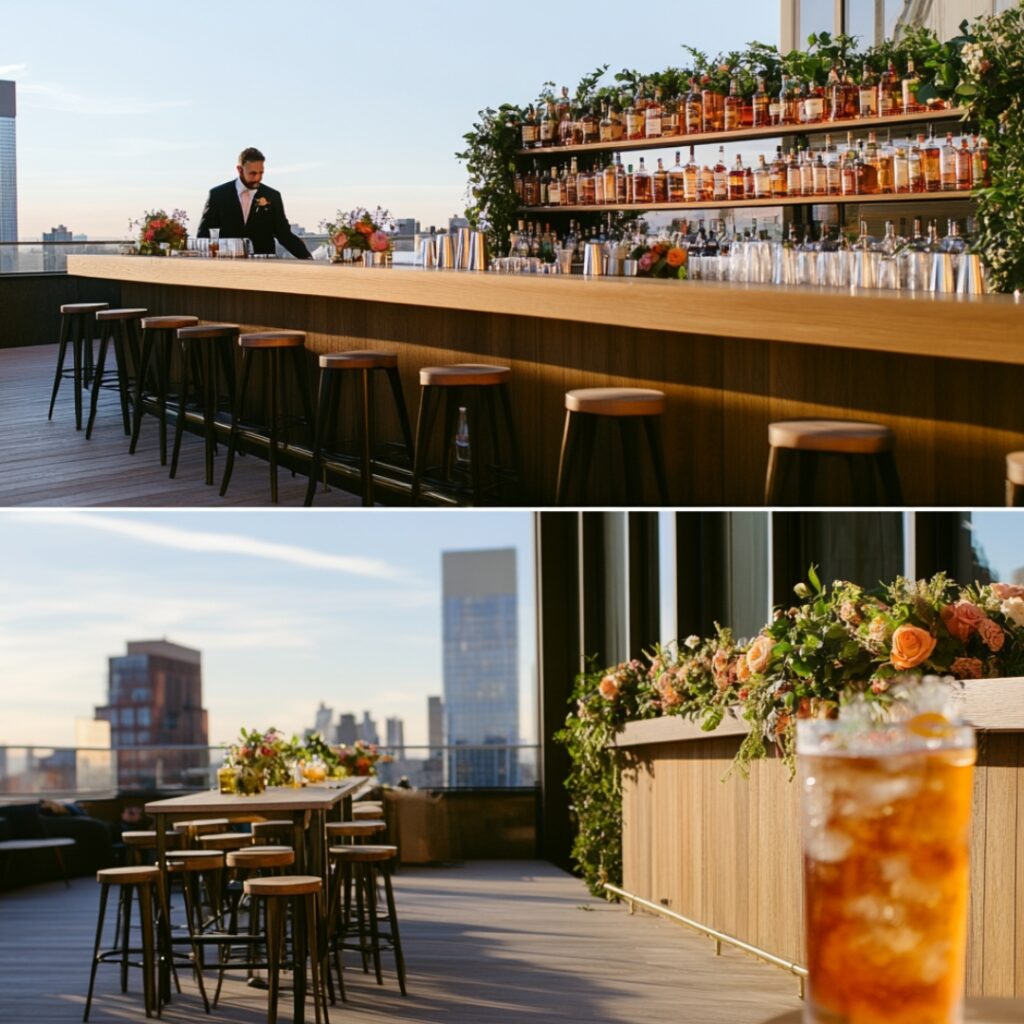 Chic rooftop wedding bar setup with custom cocktails and local brews, high-top tables, stylish bar stools, and a mixologist crafting signature drinks for a fun and interactive guest experience.