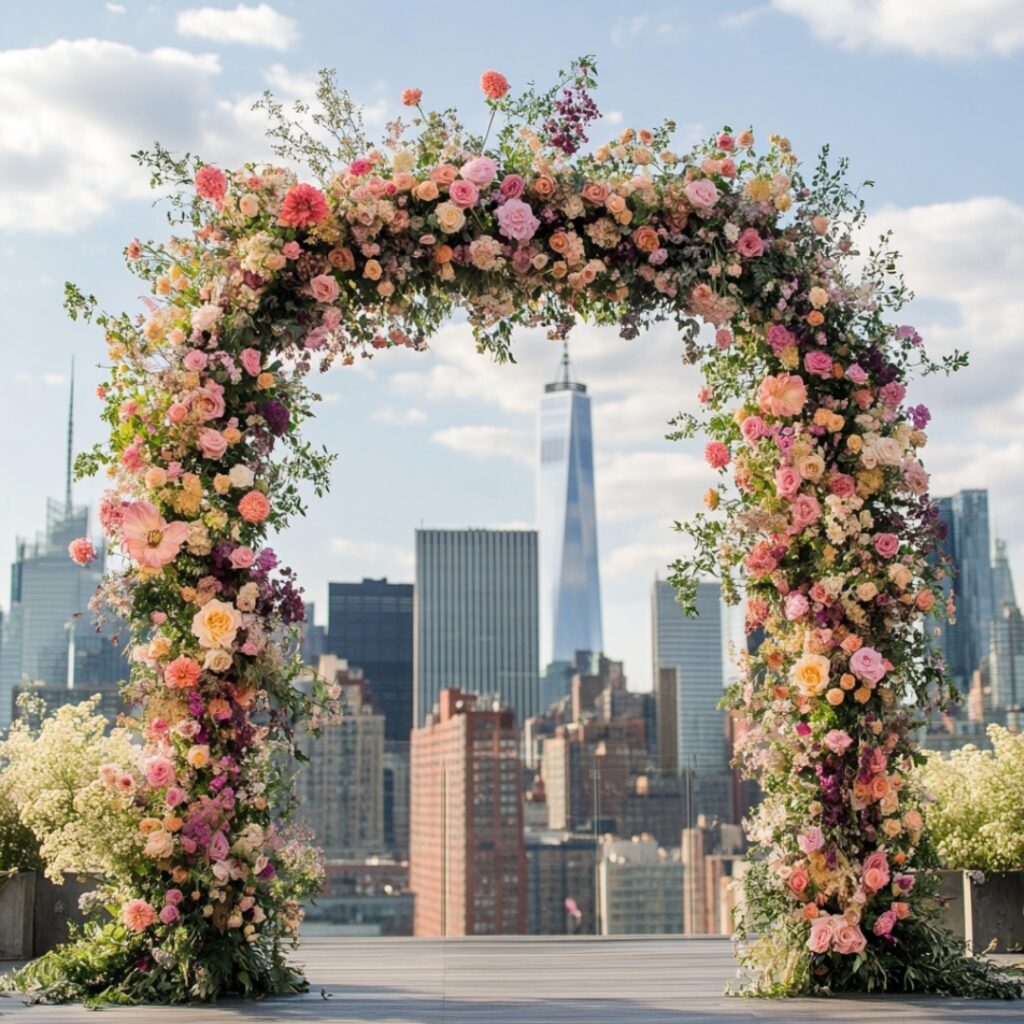 A lush floral arch against the city skyline creates a stunning ceremony backdrop, blending natural beauty with the urban rooftop atmosphere.