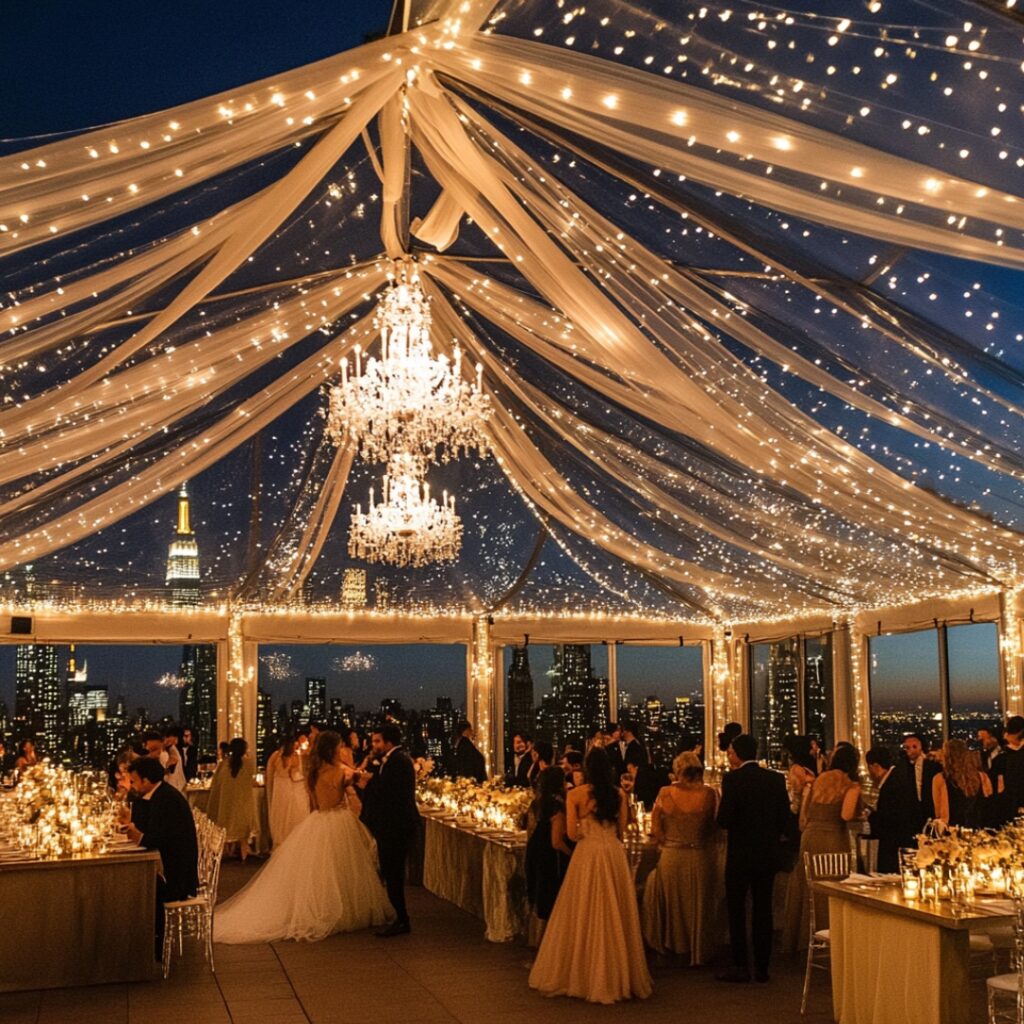 Elegant rooftop wedding reception under a transparent tent, decorated with draped fabric, chandeliers, and fairy lights, offering city views and weather protection for a sophisticated celebration.