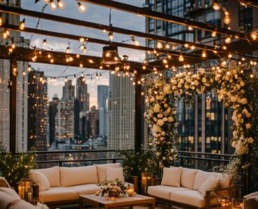 A magical rooftop wedding setup showcasing string lights, floral arches, and modern lounge areas, blending urban charm with sophistication and breathtaking views.