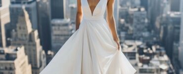 Various rooftop wedding dress styles, from sleek slip dresses to dramatic ball gowns, ideal for making a statement atop a cityscape.