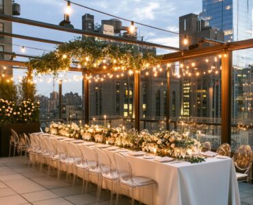 A breathtaking rooftop wedding experience with cityscape views, creative decor, thoughtful lighting, and personalized touches, offering unforgettable memories high above the bustling streets.