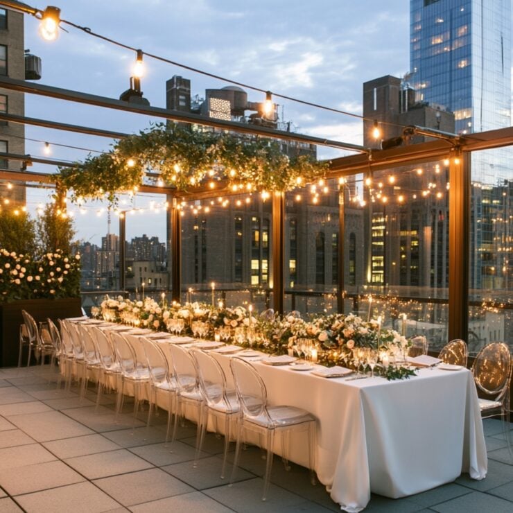 A breathtaking rooftop wedding experience with cityscape views, creative decor, thoughtful lighting, and personalized touches, offering unforgettable memories high above the bustling streets.