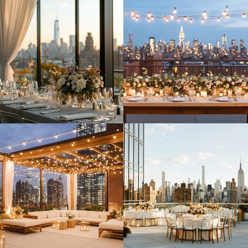 A modern rooftop wedding venue in September, with a city skyline backdrop, offers minimalist decor, cooler weather, and a blend of indoor-outdoor spaces for a chic celebration.