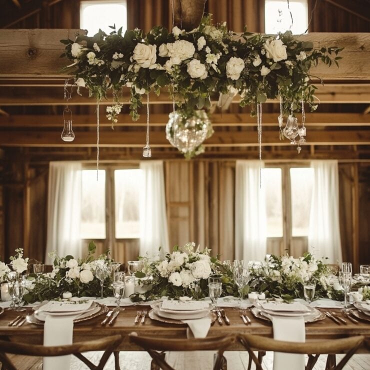 A serene rustic barn setting beautifully decorated for a bridal shower, capturing the charm of the celebration with thoughtful details and heartfelt moments.